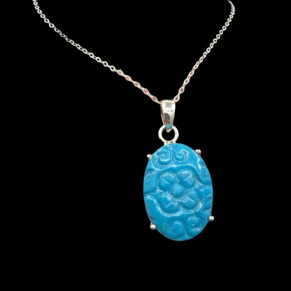 Turquoise Pendant Necklace Carved Flower 925 Sterling Silver Artisan - Picture 5 of 6
